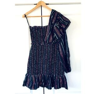 Farm Rio Dress Lurex Black Metallic Striped Mini Smocked One Shoulder NEW Size M